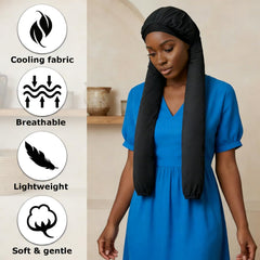 ZANSHI model wearing bonnet with braids demonstrating protection benefit