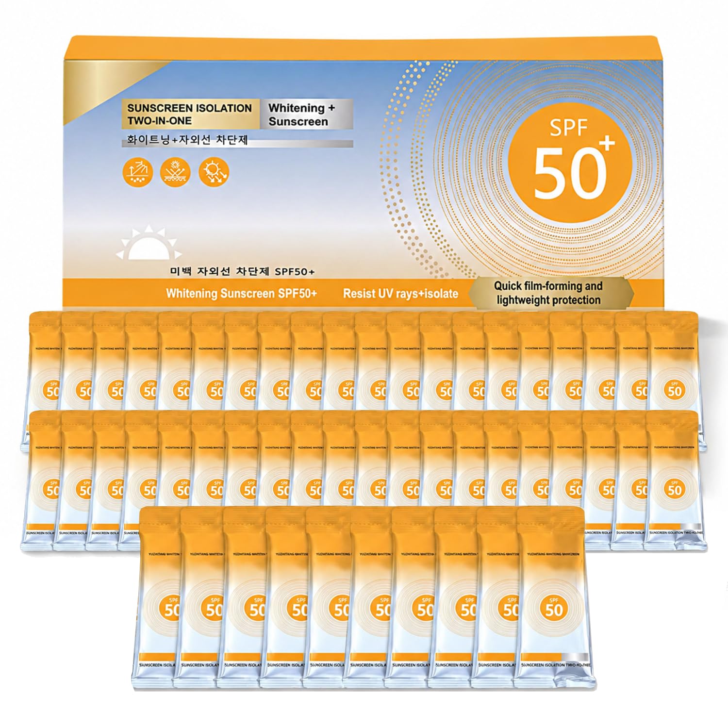 ZARICS front view of 50 mini sunscreen packets showing compact bulk and convenience