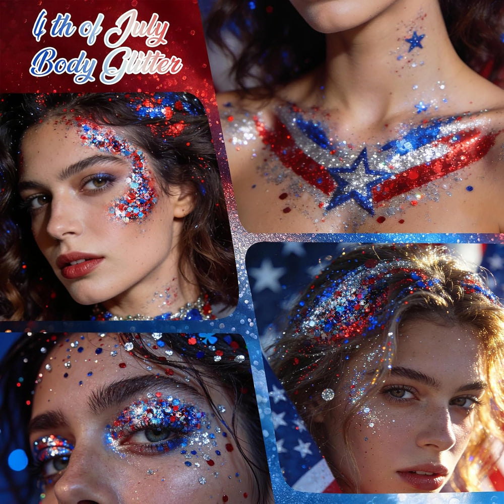 ZARICS model wearing cheek and shoulder glitter for festive Fourth of July look