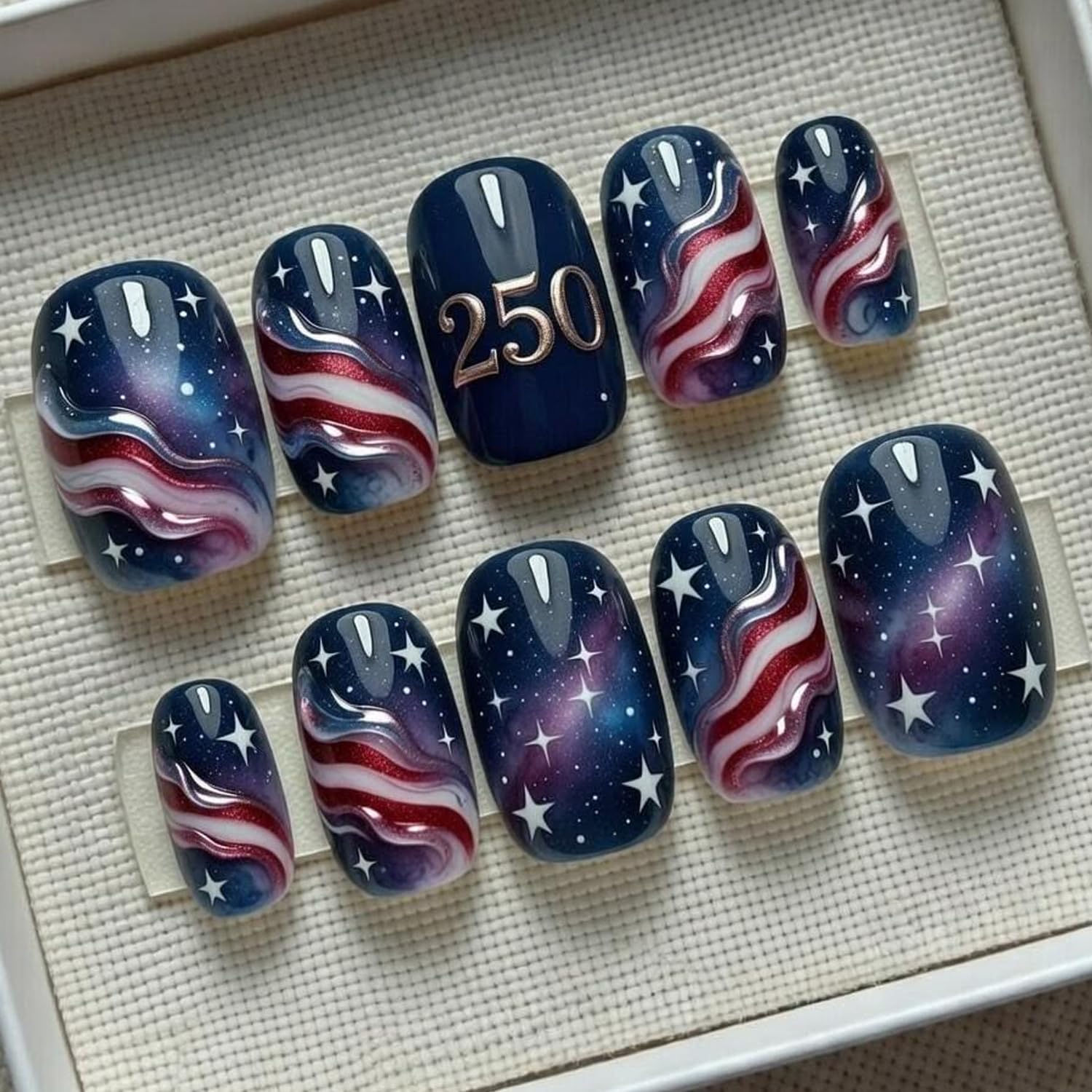 ZASKHLD front packaging showing 24 patriotic press-on nails for quick styling