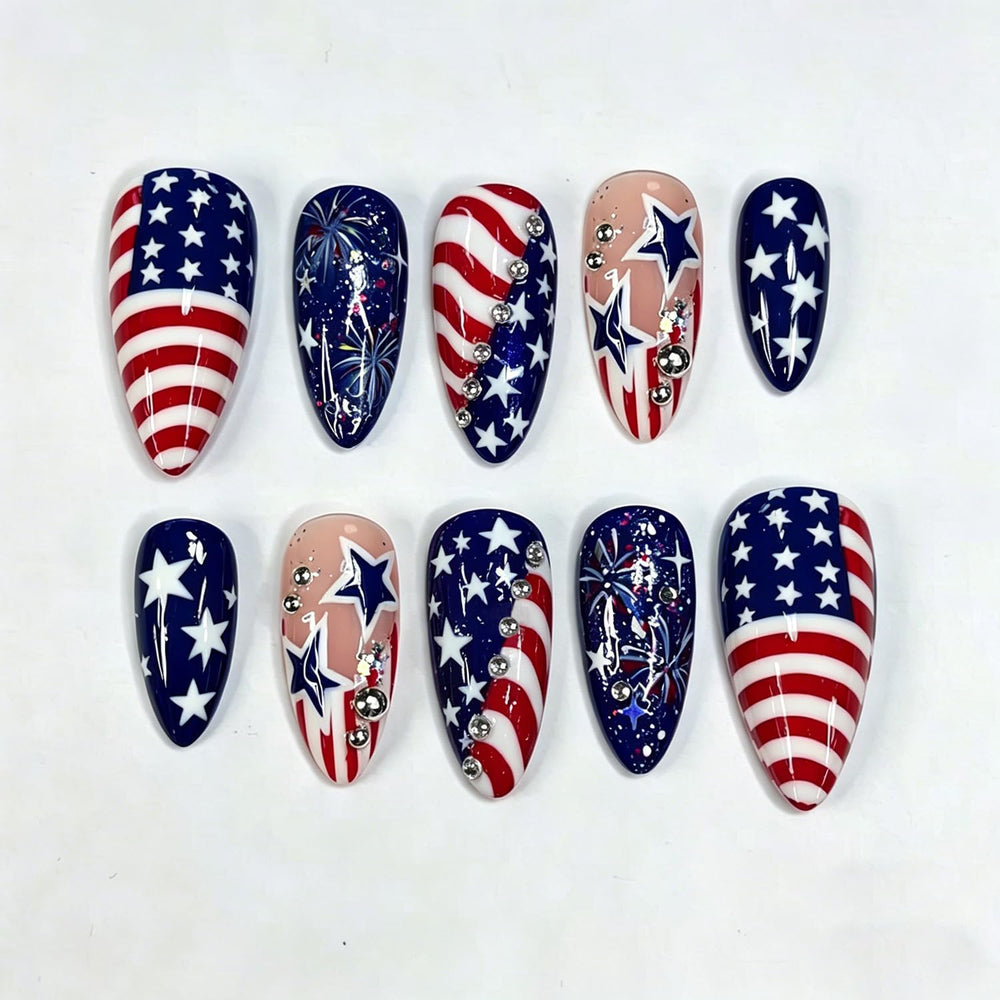 ZASKHLD front packaging showing all 24 patriotic press-on nails and kit benefits