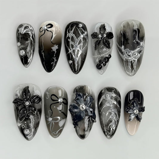 ZASKHLD front packaging showing black gothic almond press-on nails and contents for instant style
