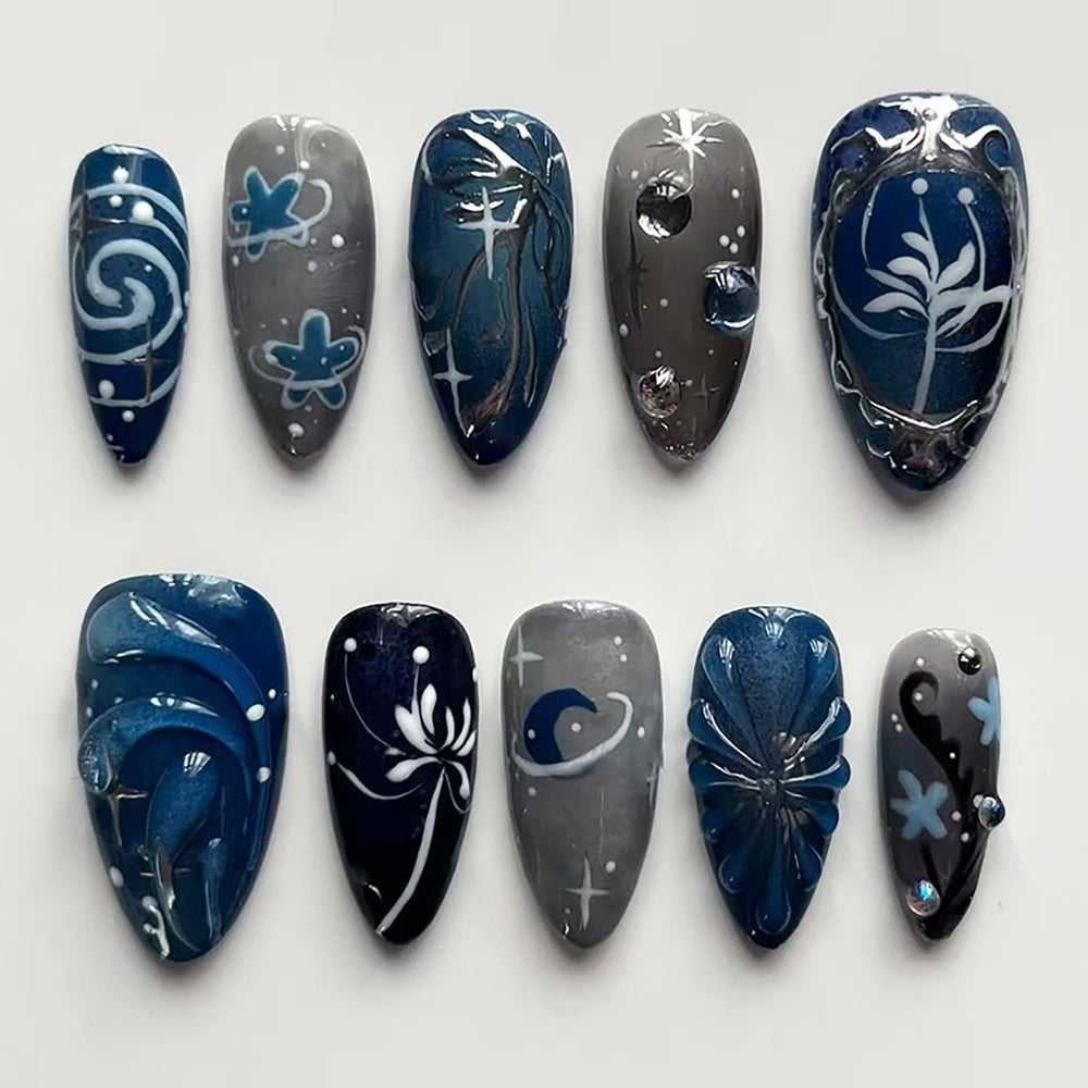 zaskhld front packaging showing dark blue almond press-on nails with 3D accents for instant style
