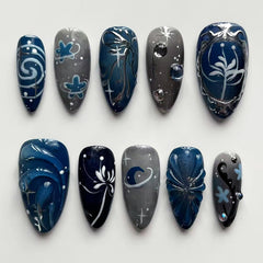 zaskhld front packaging showing dark blue almond press-on nails with 3D accents for instant style