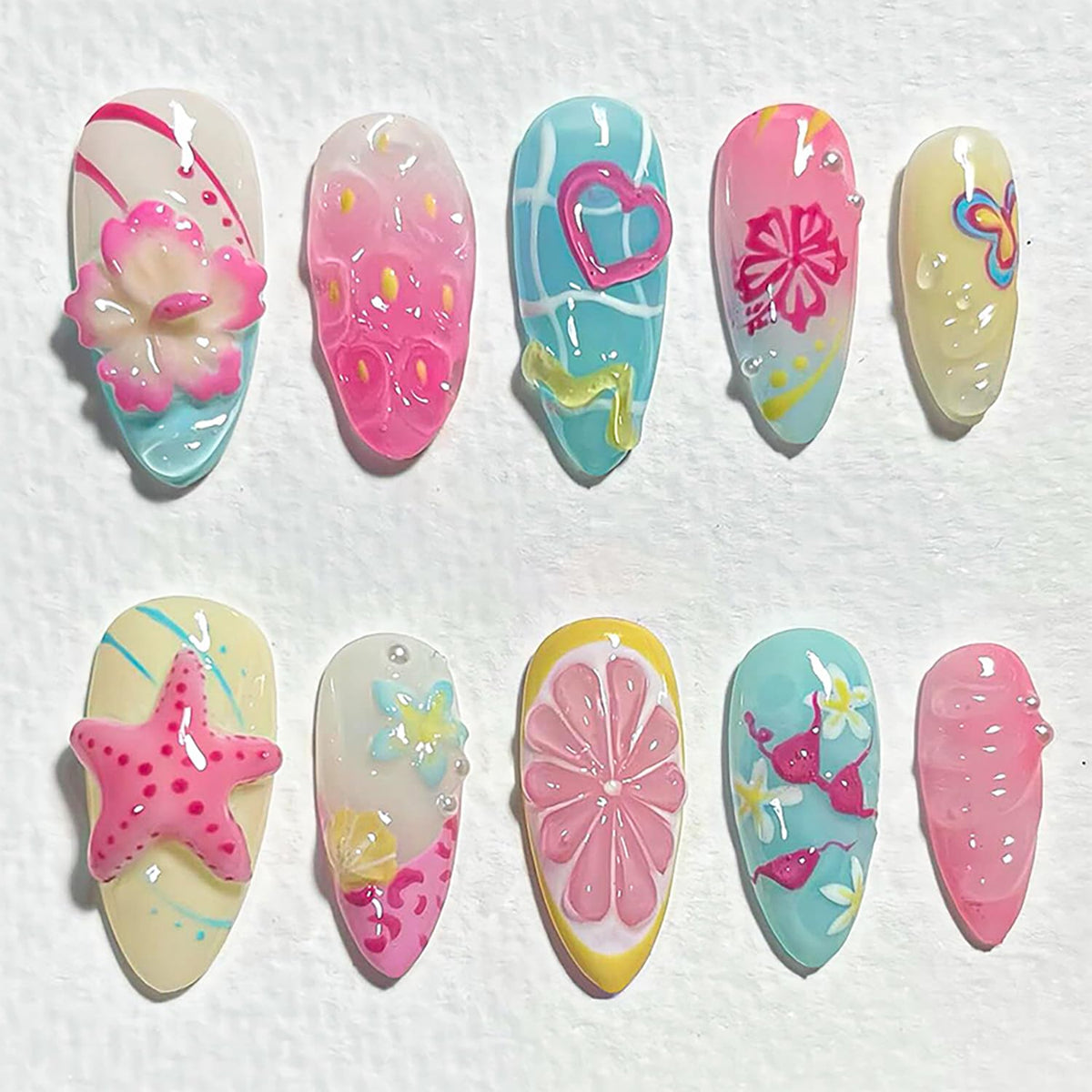 ZASKHLD front packaging showing 30-piece beach-themed press-on nails, perfect for quick manicures
