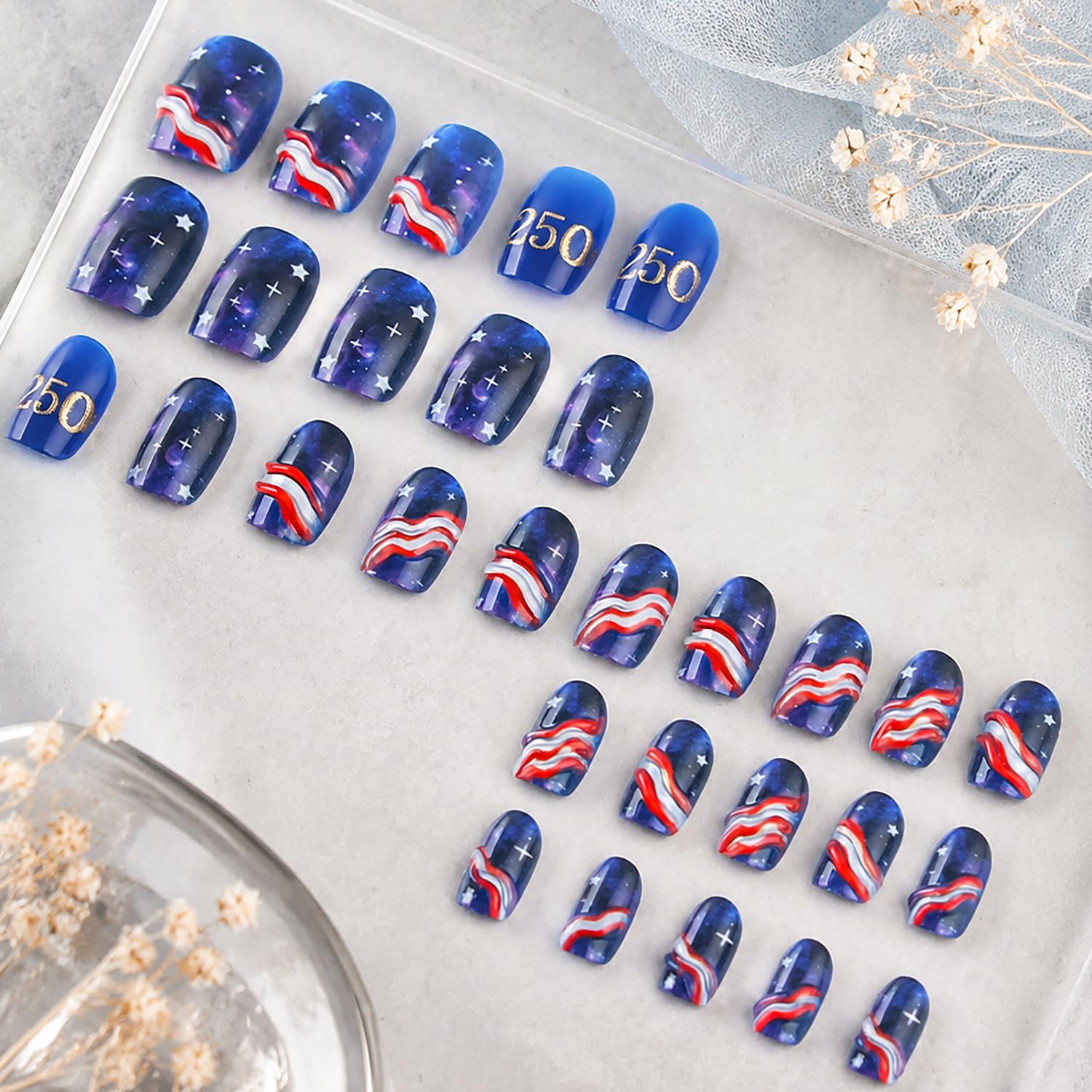 ZASKHLD full layout of 24 nails displaying mixed American flag patterns