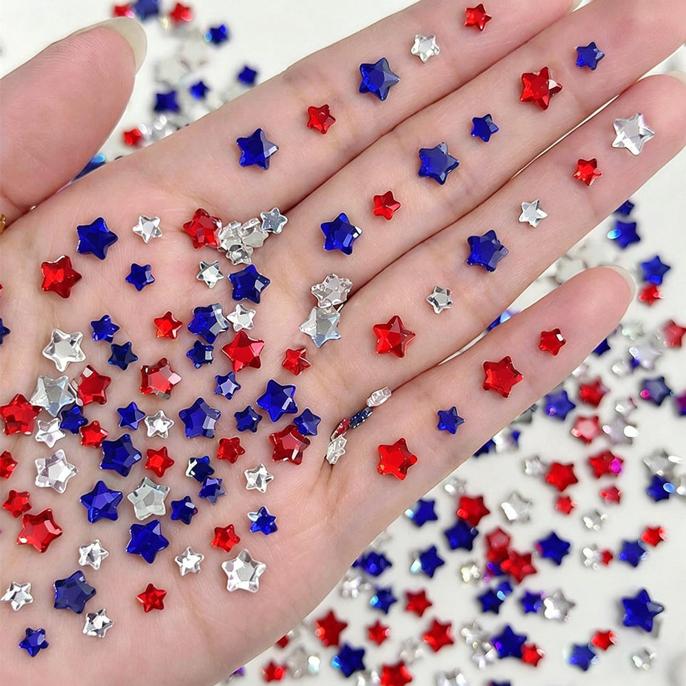ZASKHLD star front packaging shows 120 patriotic nail charms for easy selection
