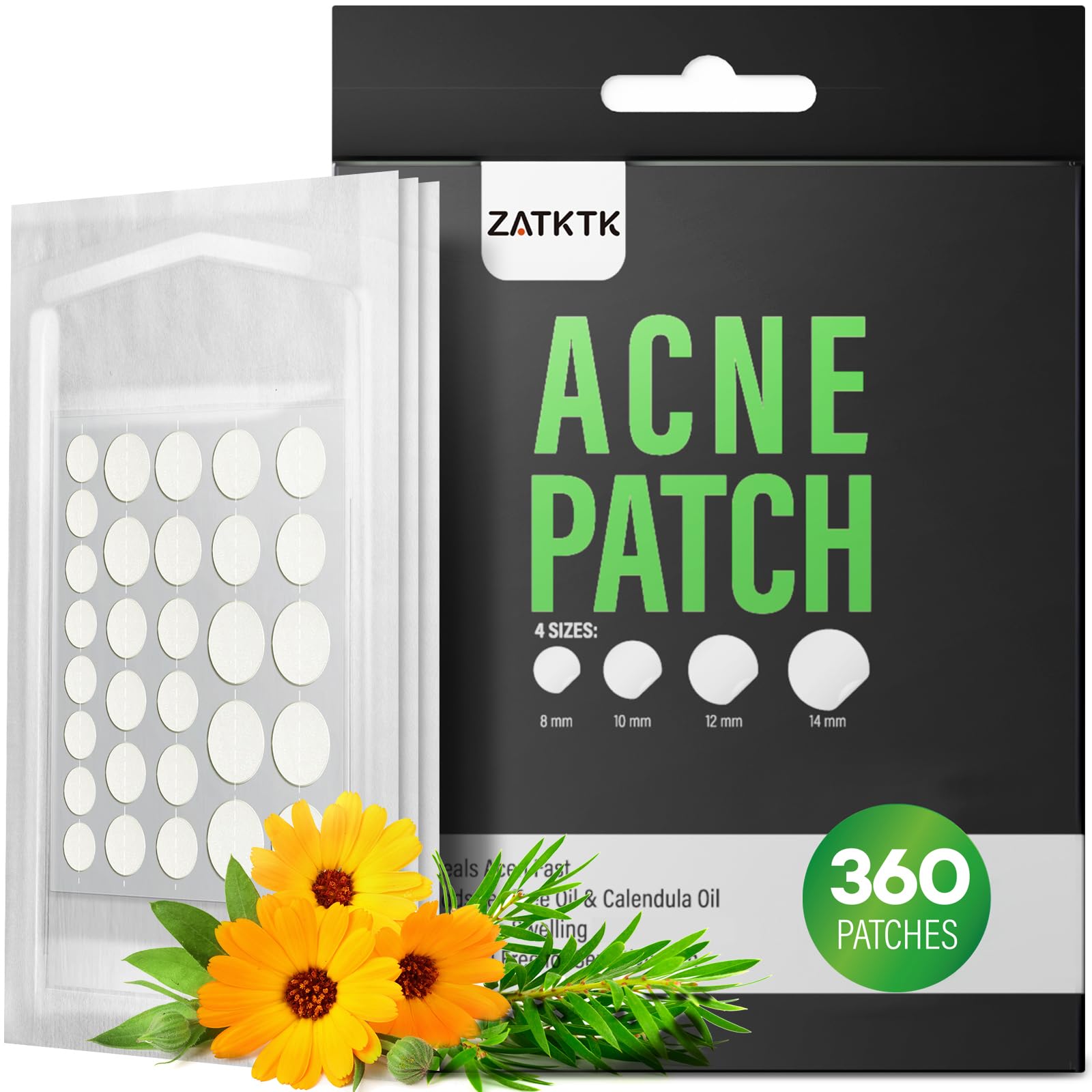 ZATKTK front packaging showing 360-count pimple patches and sizes