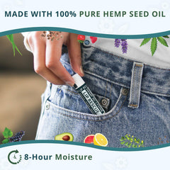 Zatural hemp lip balm applied to lips showing softened appearance benefit