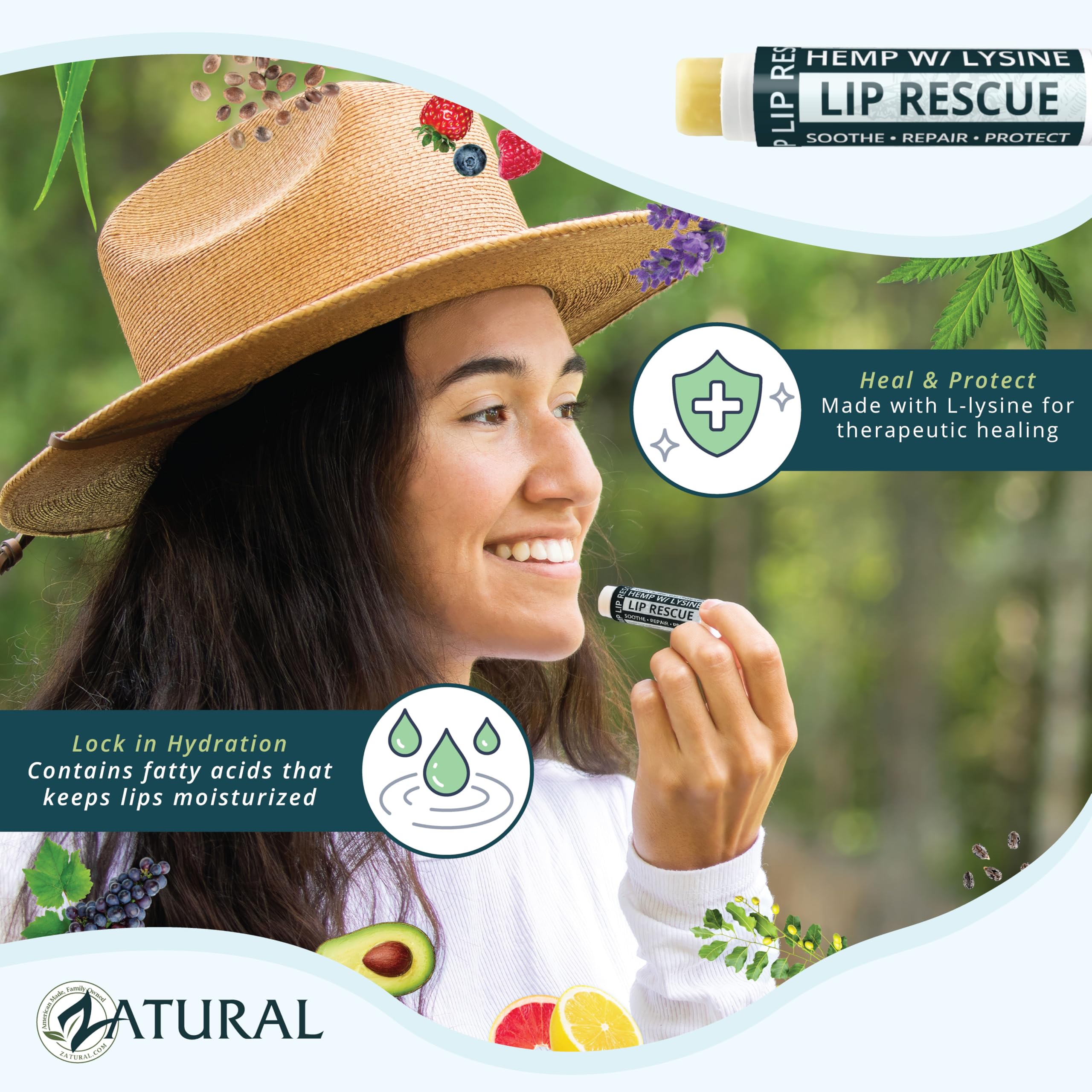 Zatural hemp lip balm in hand demonstrating portable size and convenience