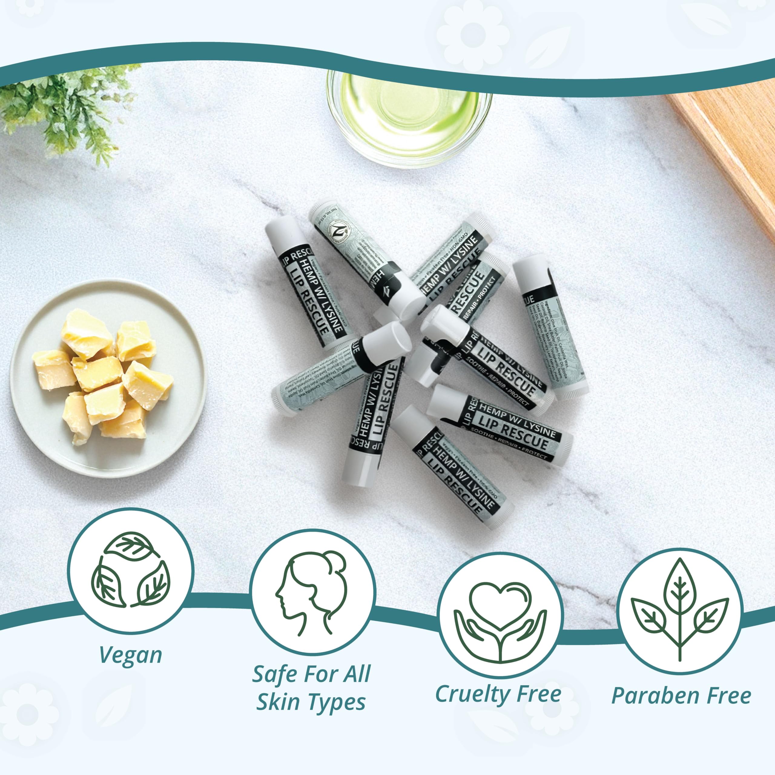 Zatural hemp lip balm beside botanical oils illustrating hydrating ingredients