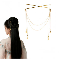Zaxomum front view showing gold hair pins and tassel adding elegant shine