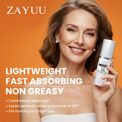 ZAYUU ingredient label close-up showing vitamin C, ferulic acid clarity