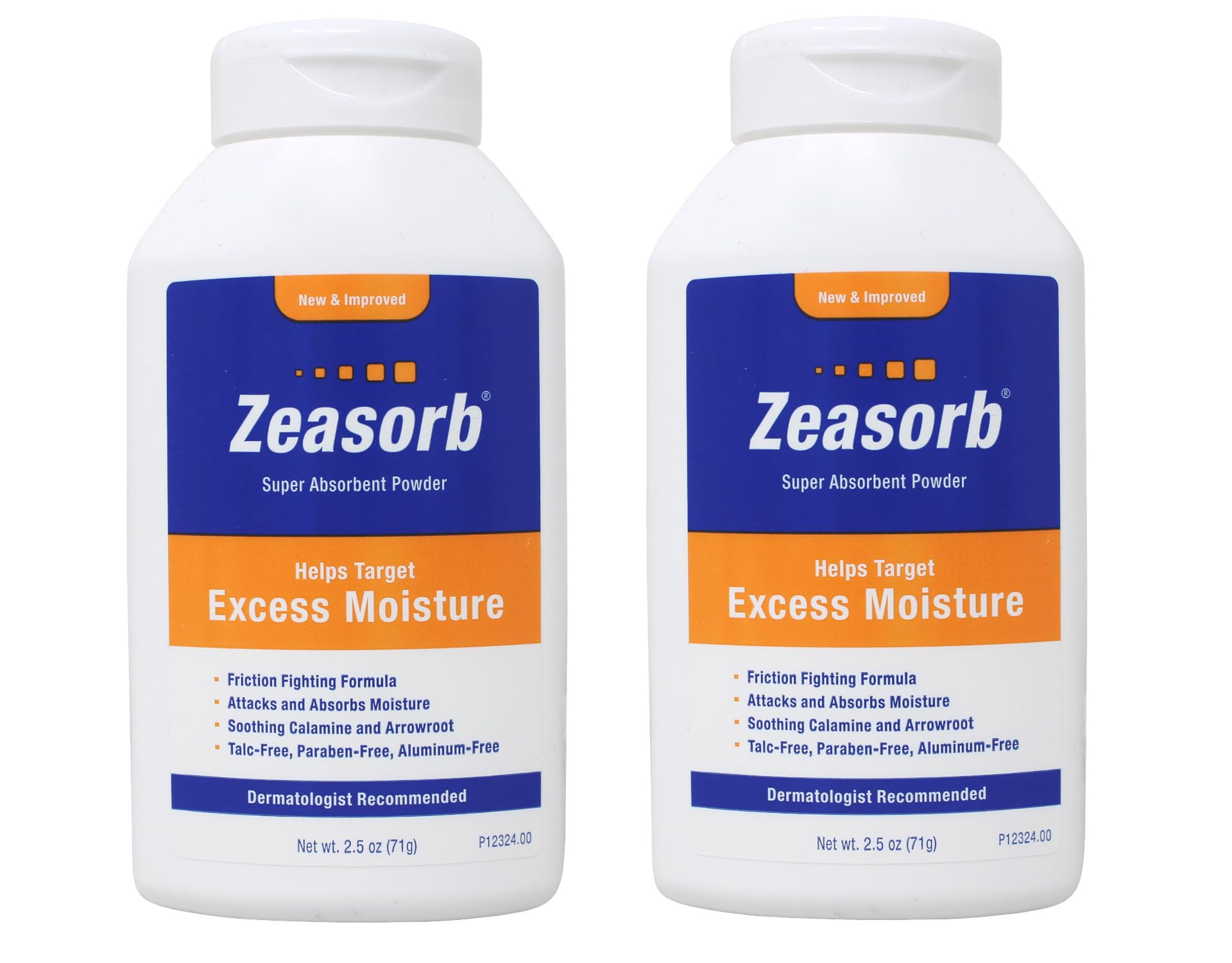 Zeasorb front packaging showing brand and compact 2.5 oz size, promotes quick dryness