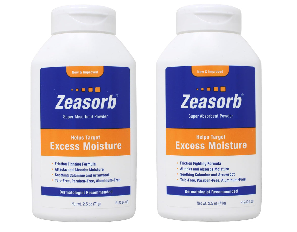 Zeasorb front packaging showing brand and compact 2.5 oz size, promotes quick dryness