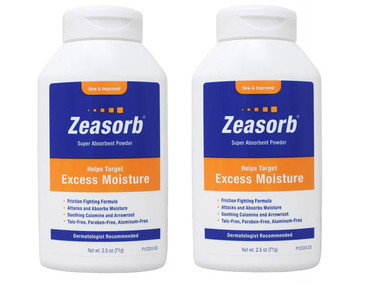 Zeasorb front packaging showing brand and compact 2.5 oz size, promotes quick dryness
