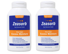 Zeasorb front packaging showing brand and compact 2.5 oz size, promotes quick dryness