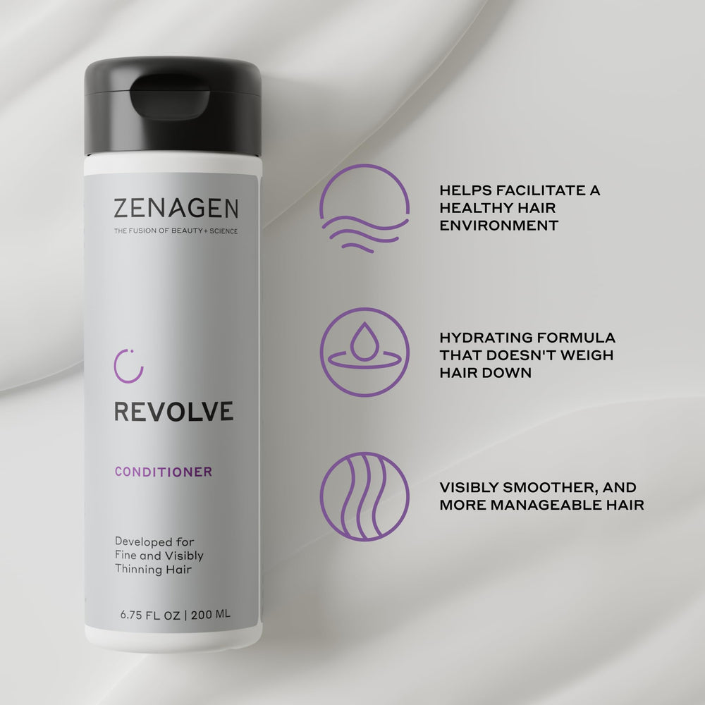 Zenagen Revolve Conditioner on bathroom shelf in lifestyle setting for routine