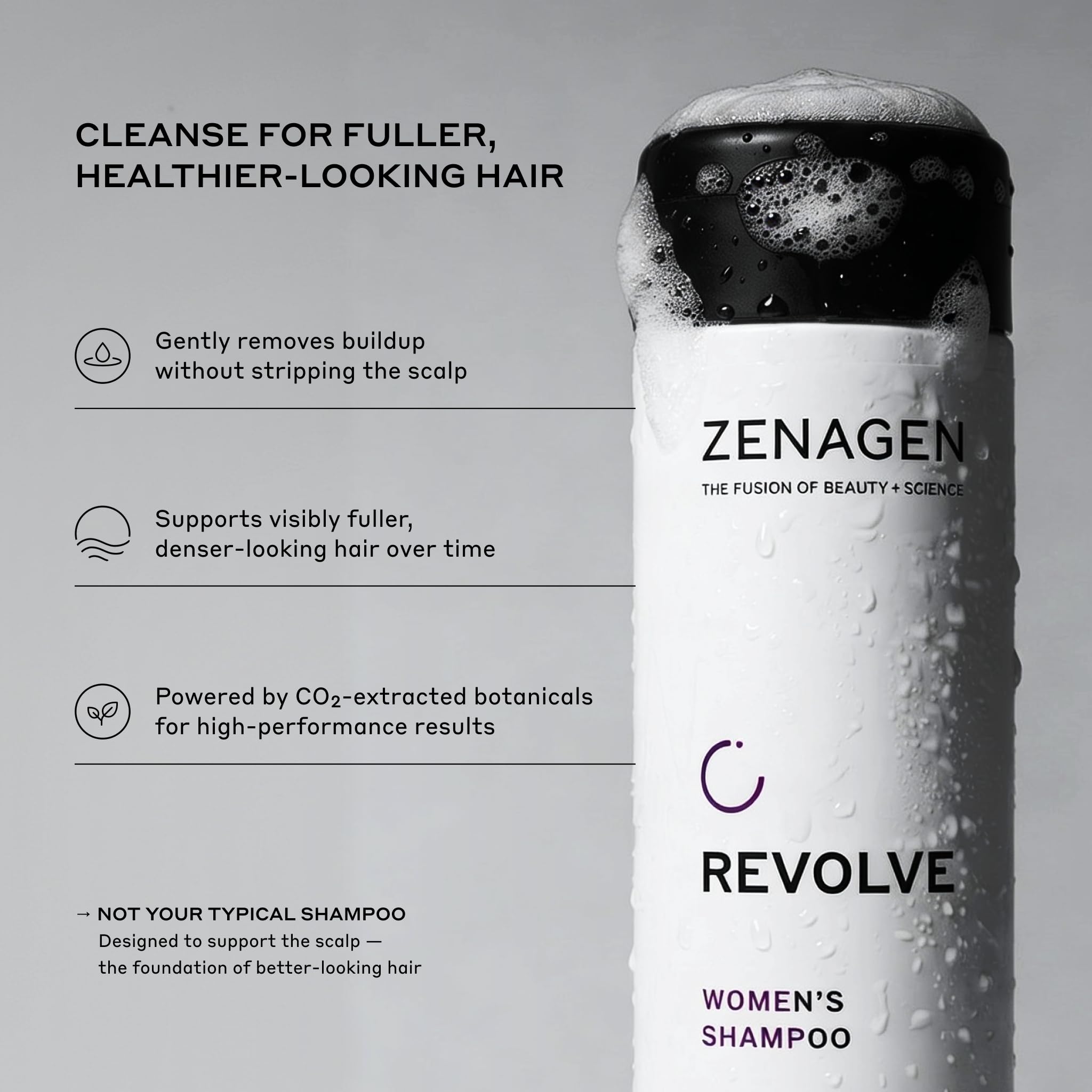 Zenagen shampoo lather on hair strands showing fuller-looking volume after wash