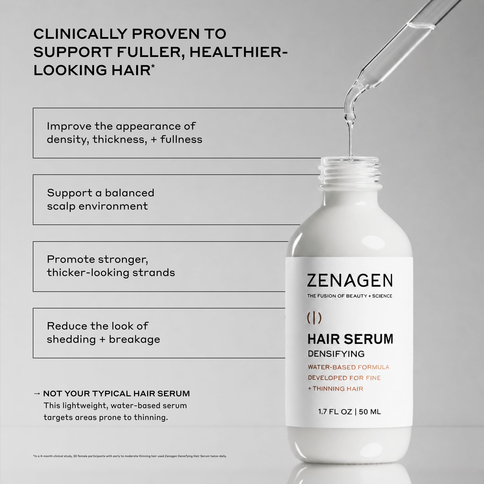 Zenagen serum texture close-up displaying watery consistency and easy absorption benefit