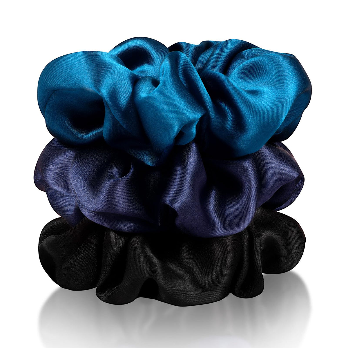 Zenssia front view of three silk scrunchies showing colors and neat finish