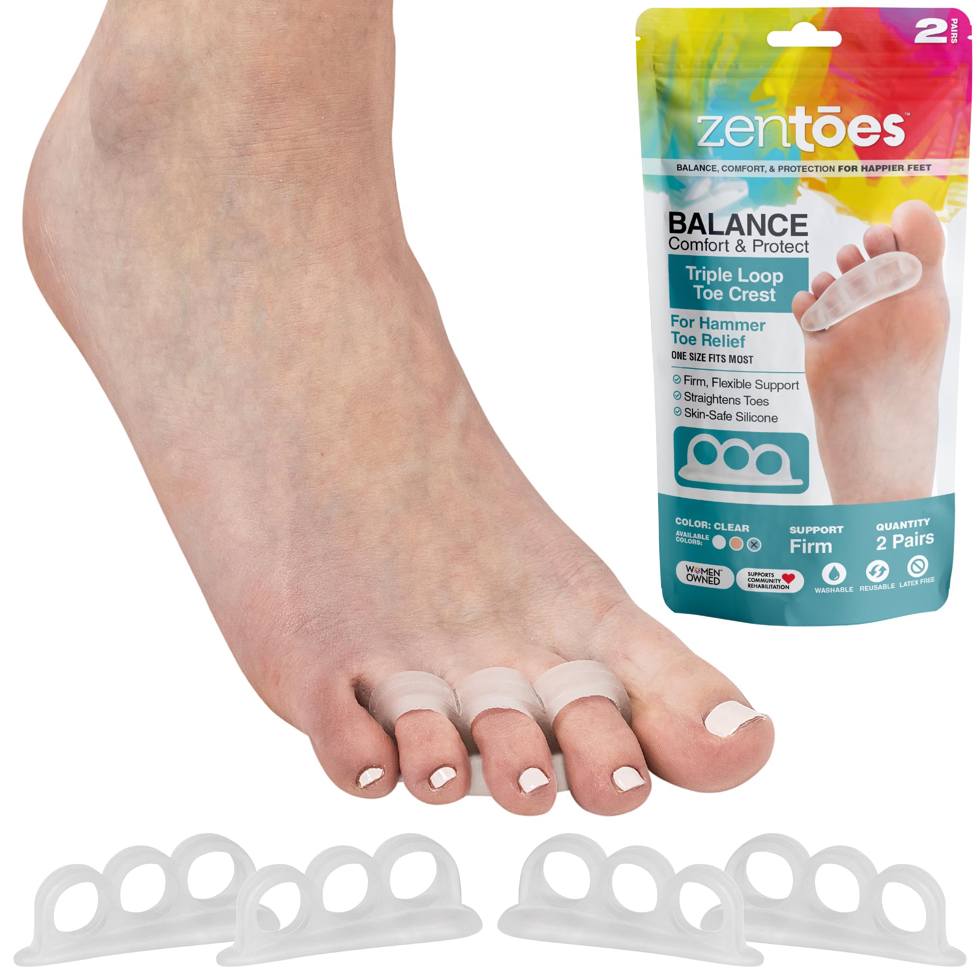 zentoes front pack showing clear gel crests and packaging, easy grab-and-go relief
