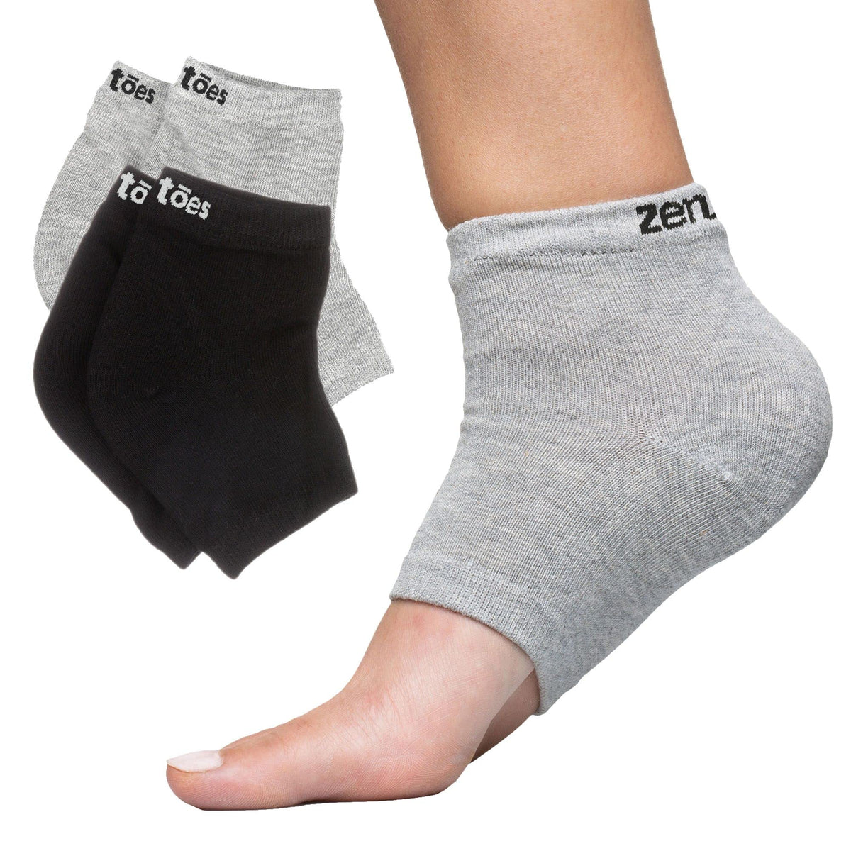 ZenToes front packaging showing two pairs and benefits for hydrated heels