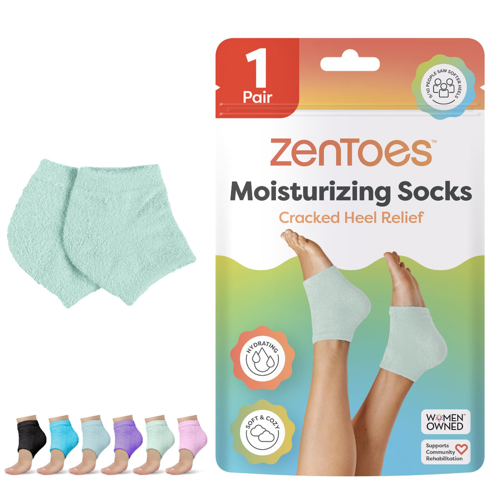 ZenToes front view of mint green socks showing packaging and comfort