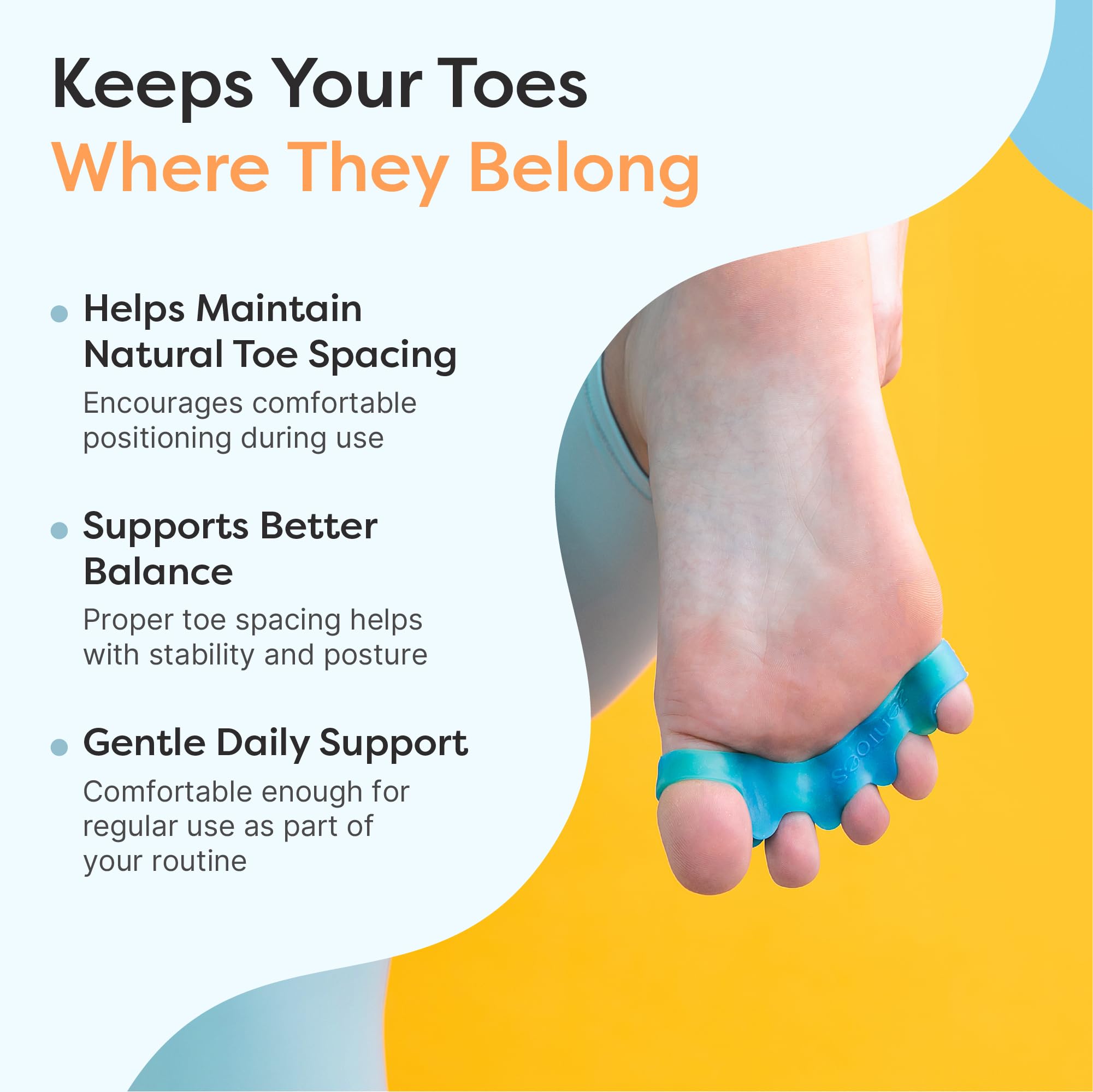 ZenToes spacer in use on a yoga mat offering gentle toe alignment