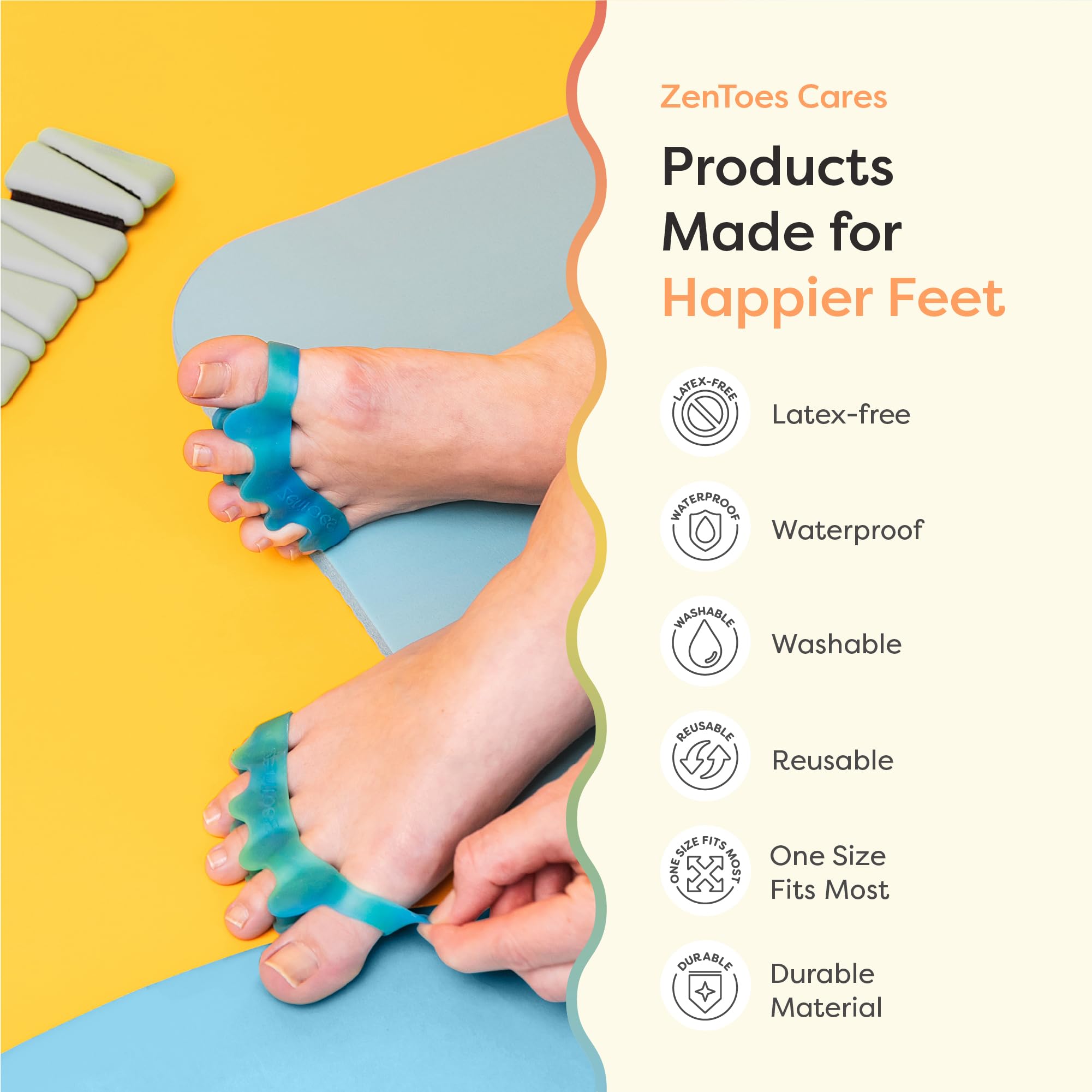 ZenToes worn while relaxing at home to reduce friction and pressure