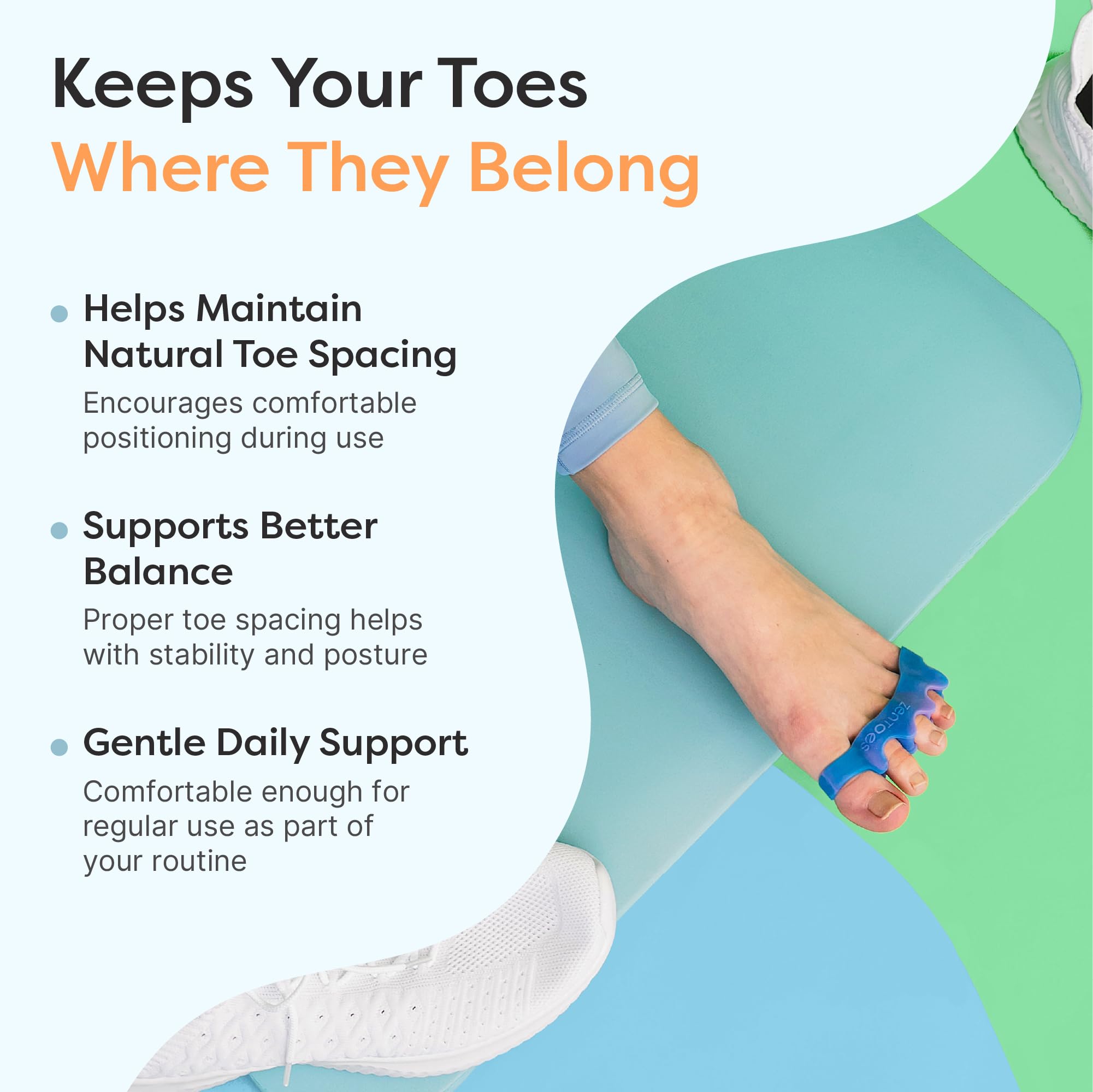 ZenToes worn on foot during barefoot yoga showing alignment support