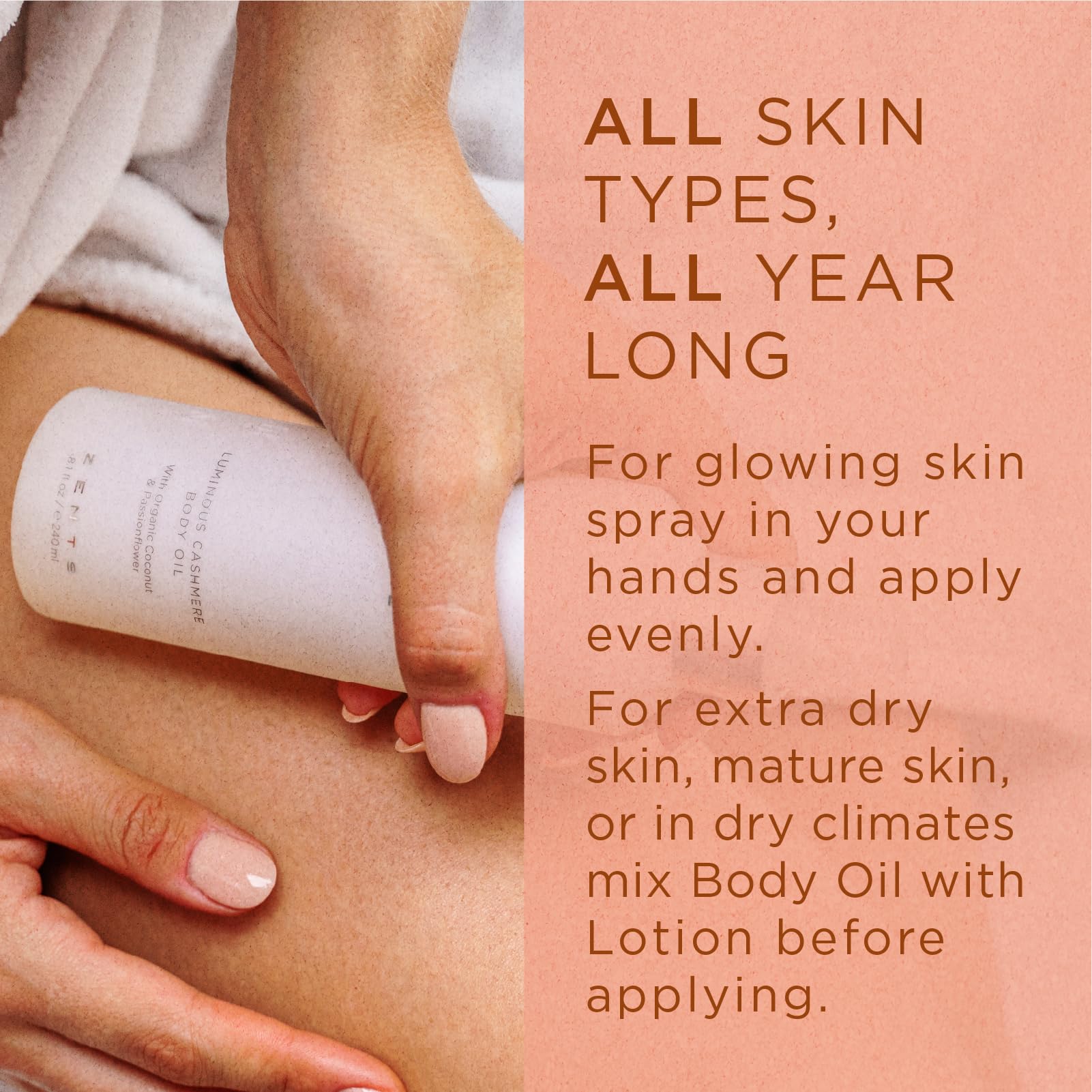 Zents oil droplet on skin illustrating moisturizing effect and smooth feel