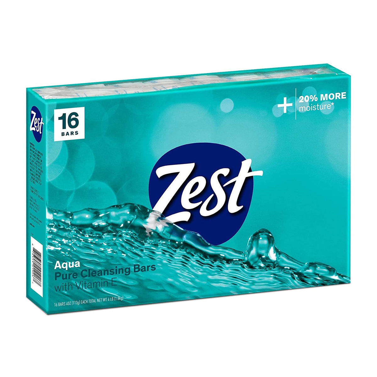 Zest front packaging showing 16-piece aqua bars and clear branding benefit