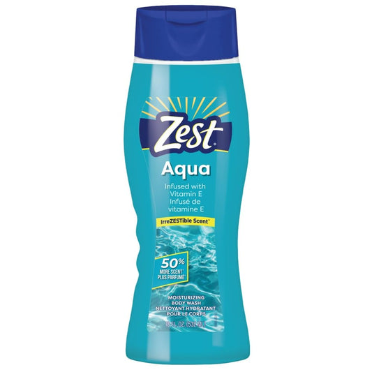 Zest front packaging showing bottle and Aqua scent for clear identification and freshness
