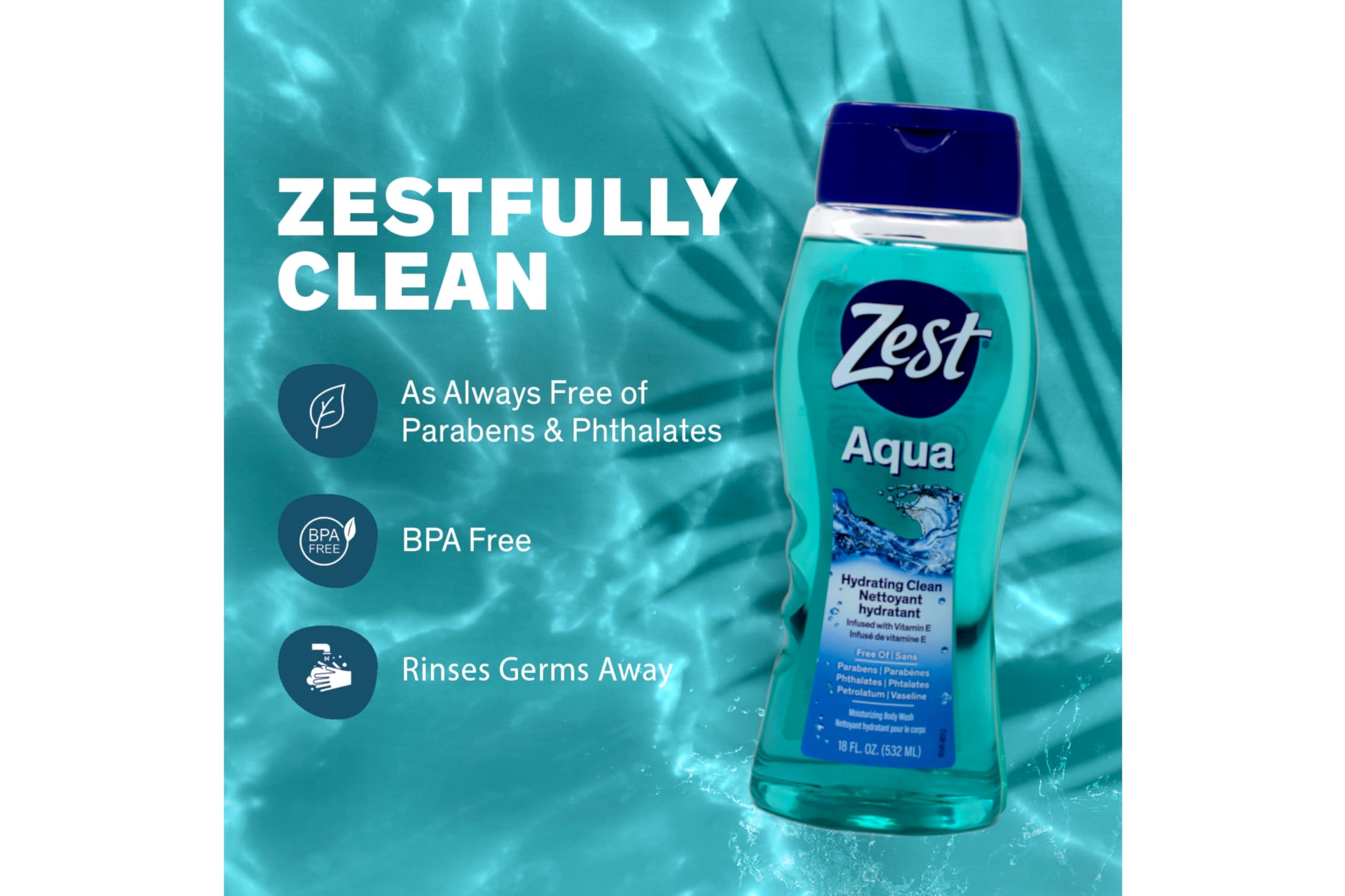 Zest bottles arranged in a bathroom shelf creating a fresh lifestyle scene