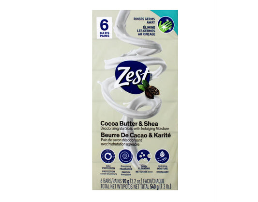 Zest bar front packaging showing six bars and moisturizing benefits