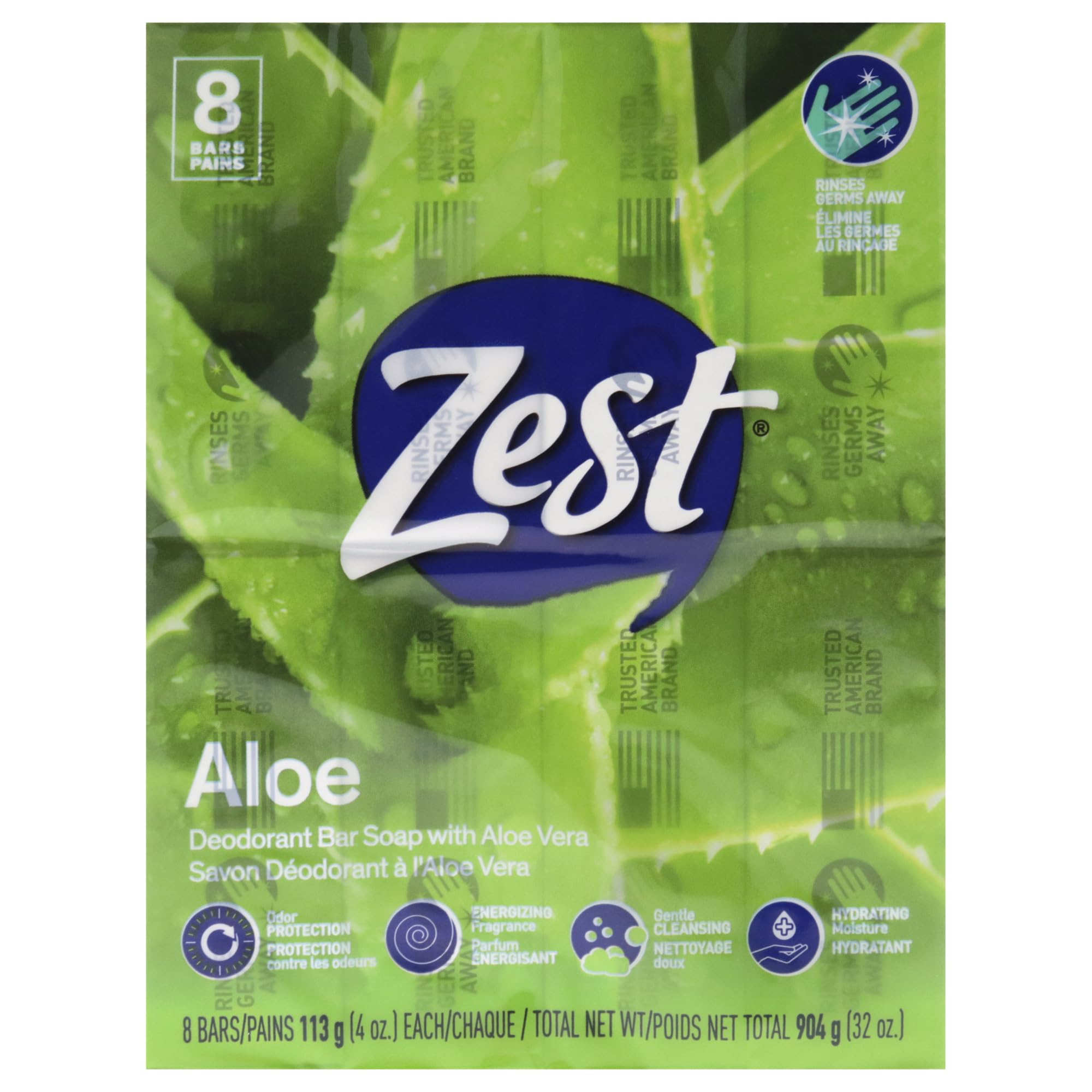 Zest front packaging showing eight Fresh Aloe bars and value pack benefit