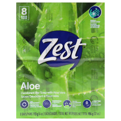 Zest front packaging showing eight Fresh Aloe bars and value pack benefit