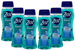 Zest front packaging showing six Aqua body wash bottles and value pack benefit
