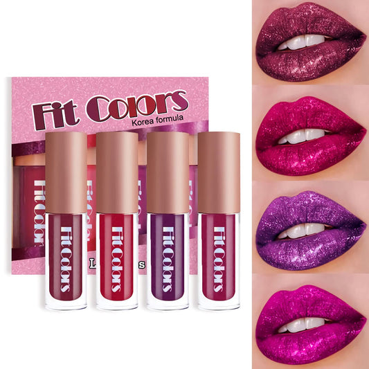 ZEVNI front packaging showing four glitter lipstick tubes and gift-ready box, convenient travel set