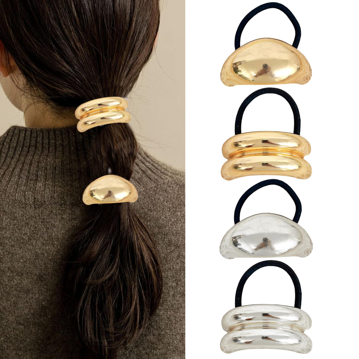 ZEYER front view of four metal hair cuffs showing gold and silver finish, stylish accessorizing