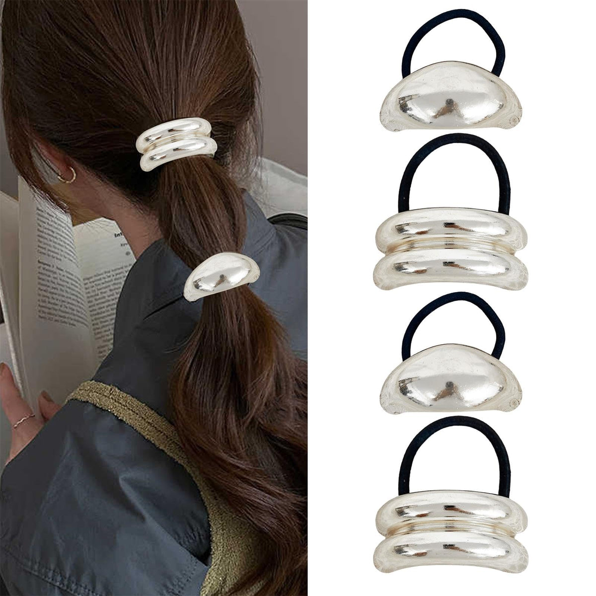 ZEYER front packaging showing four silver metal ponytail cuffs and branding benefit