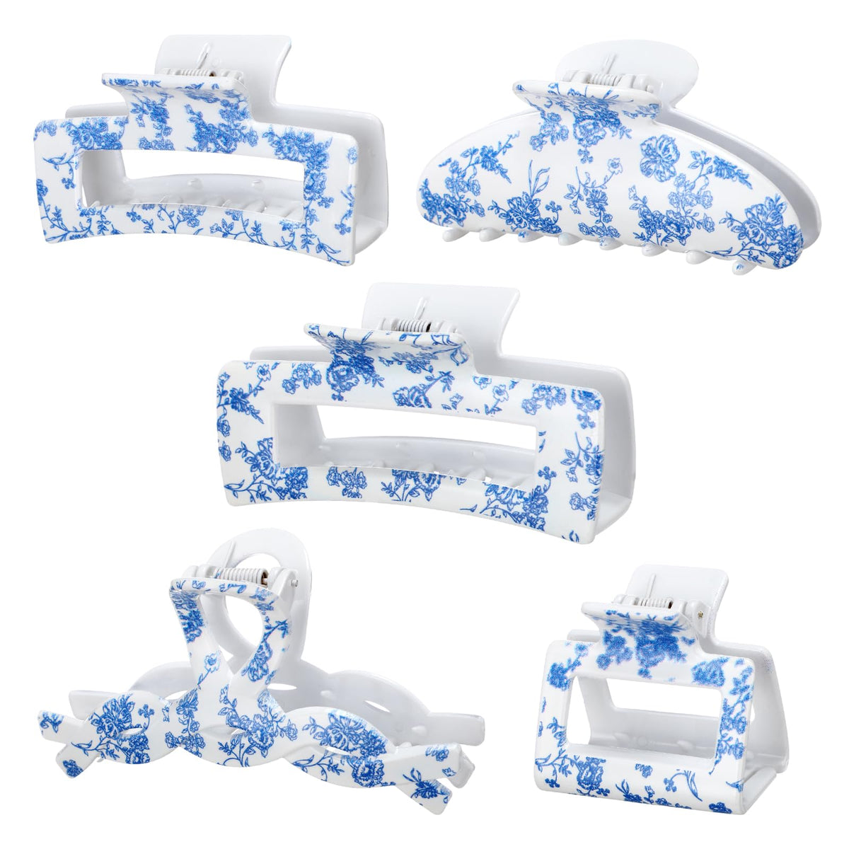 Zeyune front packaging of five blue floral claw clips showing set variety and gifting appeal