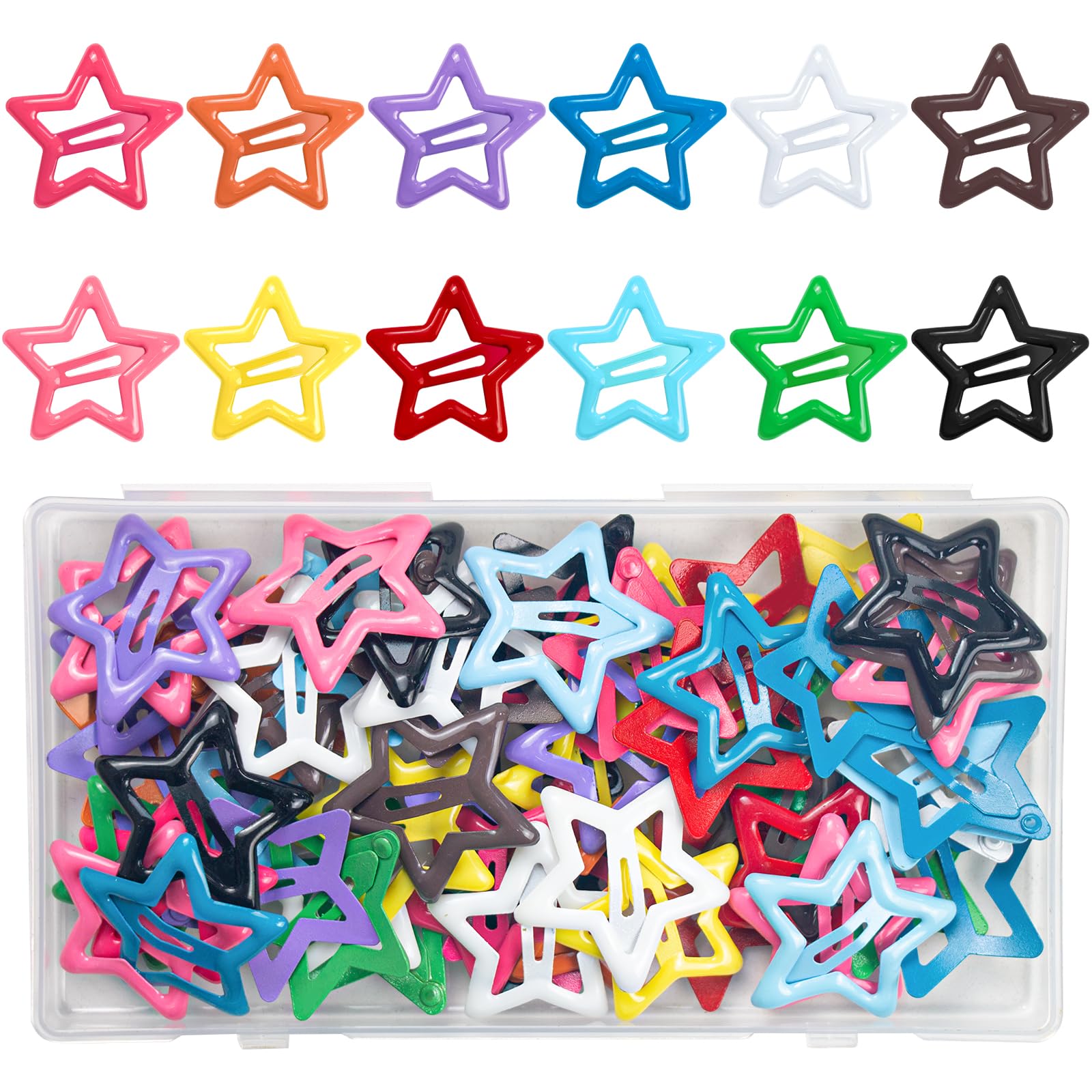 ZGQHZR front view of colorful star snap clips, organized pack for quick styling