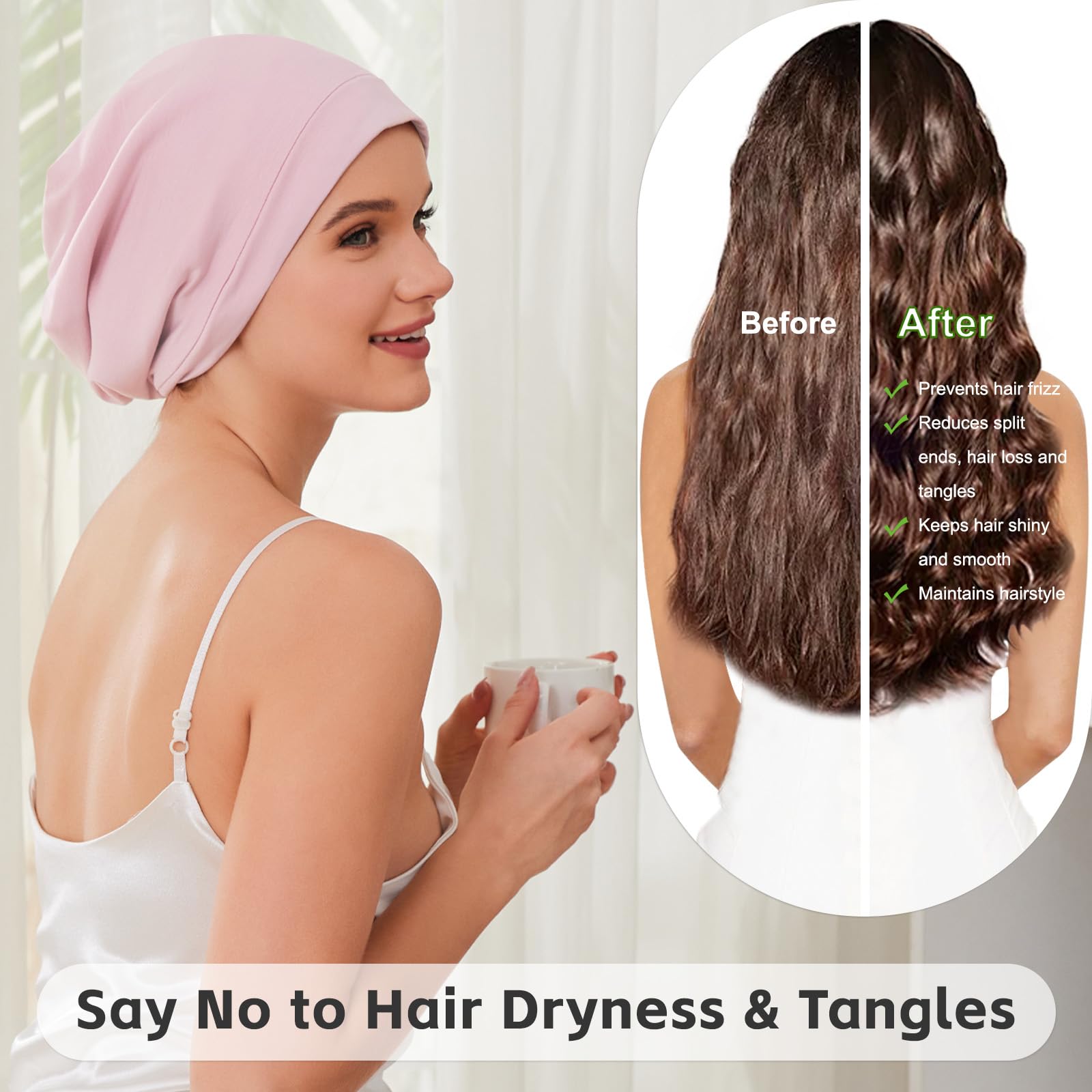 ZHENSILK beanie worn in bed preserving hairstyle overnight while comfortable