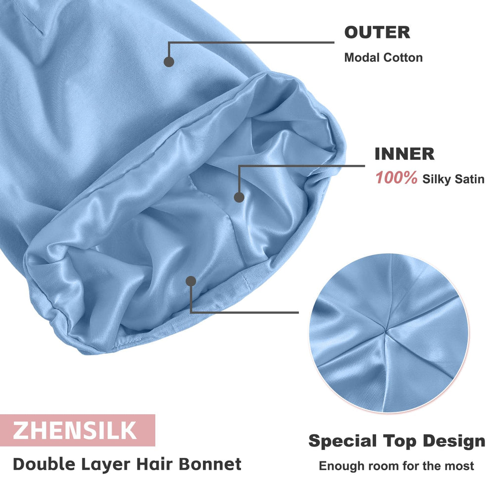 ZHENSILK bonnet worn by model with curls preserving definition