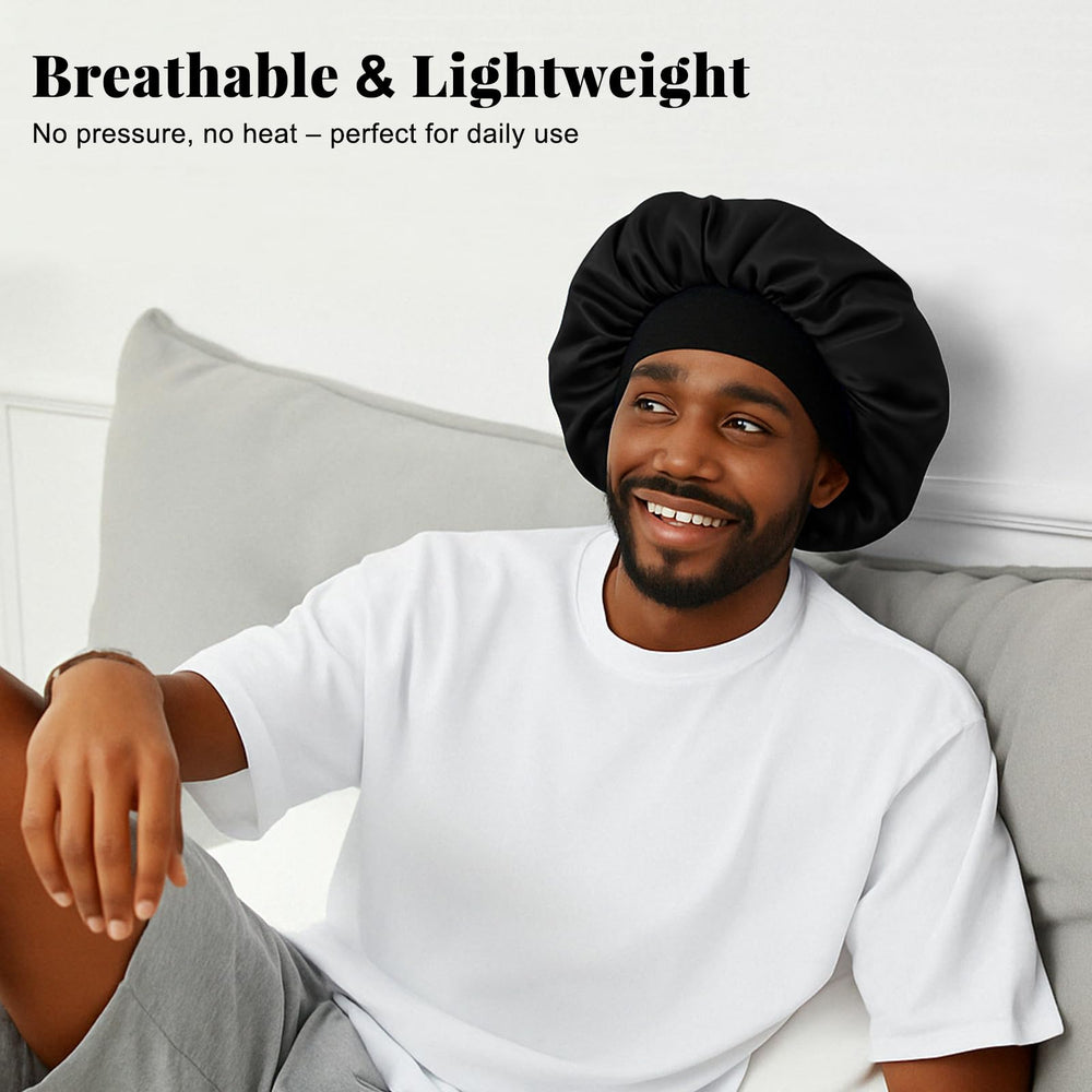 ZHENSILK bonnet worn by man with locs preserving style and minimizing frizz