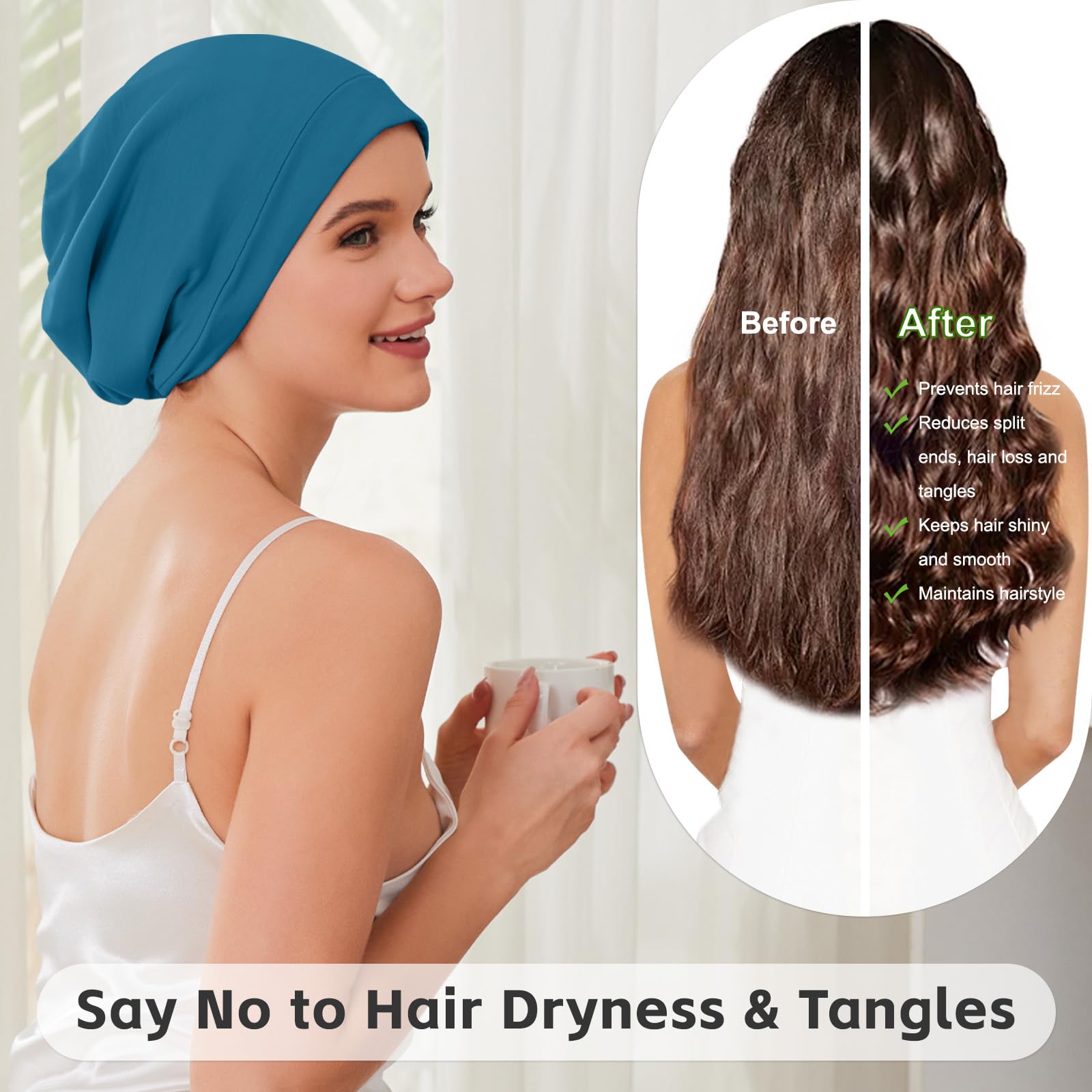 ZHENSILK cap worn by model, side profile showing style preservation benefit