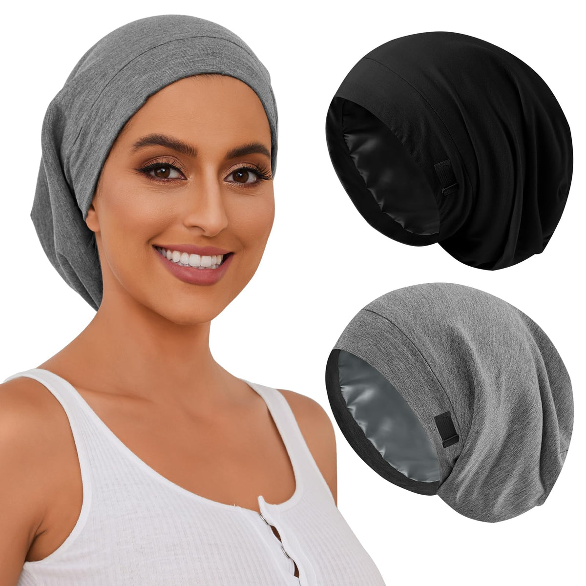 ZHENSILK front beanie view showing snug fit and stylish shape protecting hair