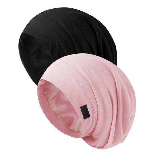 ZHENSILK front view of sleep cap packaging showing stylish two-pack benefit